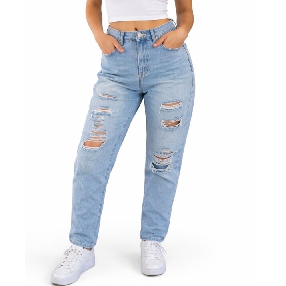 Simple Society jeans eco friendly SZ 5 27” distressed denim straight leg blue